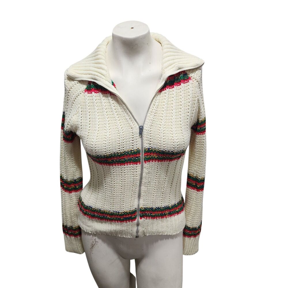 Vintage Korean Knit Ski Sweater Cardigan Zip Up Nordic Stripe Cottagecore